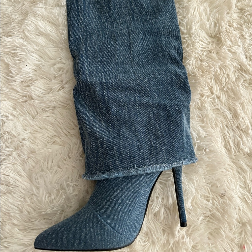Knee High Denim Cuffed Boot Heels